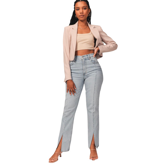 Abercrombie Curve Love 90s Straight Ultra High Rise Light Wash Front Slit 27 - Picture 2 of 12